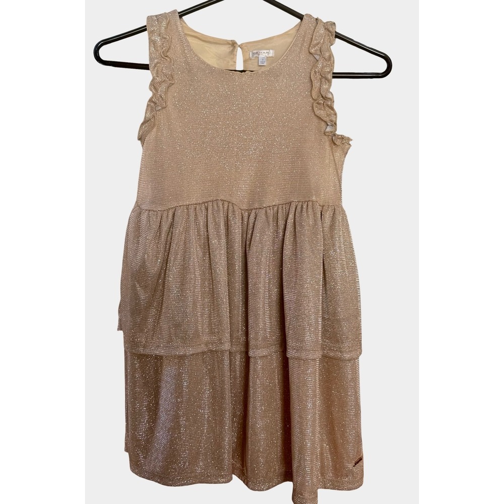 Tahari Girl Gold Shimmer Dress Size 7 Ruffle Sleeveless Tiered Party wedding